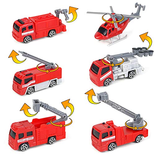 Camion Bomberos Juguete Coches Juguetes Niños 3 4 5 años Camion Transporte Coches Incluye 5 Mini Camion Bomberos,1 Helicóptero Juguete y Señales de Tráfico Juguetes Regalo Niños Niña 3 4 5 Años