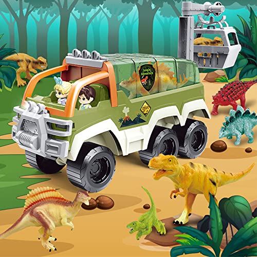 Camión de juguete de dinosaurio, camión transportador de la selva, 6 juguetes de dinosaurio, vehículo de juguete con luz de sonido, regalos ideales, juego de dinosaurio de juguete para niños y niñas