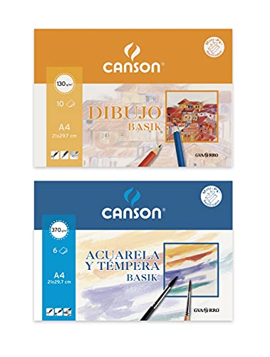 Canson - 1 Minipack A4 de 10 hojas Dibujo Basik 130 g y 1 Minipack A4 de 6 hojas Acuarela Basik 370 g