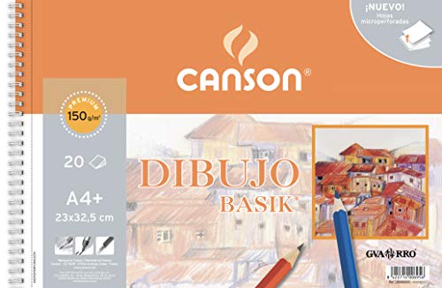 Canson Dibujo Basik Liso, Álbum Espiral Microperforado, A4+ (23x32,5 cm) 20 Hojas, 150g