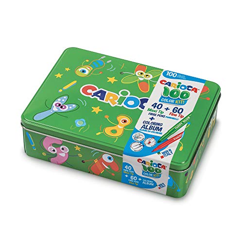 Carioca Color Box | 100 Rotuladores Super Lavables con una Caja de Metal Verde, Rotuladores Punta Fina y Punta Maxi con Álbum para Colorear, 100 Rotuladores