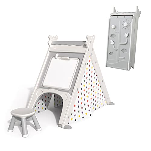 Carpa de juegos clásica para niños, casa de juegos interior con columpio, silla, mesa, puerta - casa de juegos de plástico, plegable con accesorios, para niños y niñas,Grey