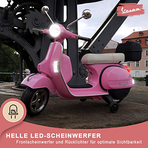 CARS12V Moto ELÉCTRICA para NIÑOS Vespa Licencia Oficial 12V, Asiento DE Cuero, PORTAMALETAS, 2 Motores 35 W (Rosa)