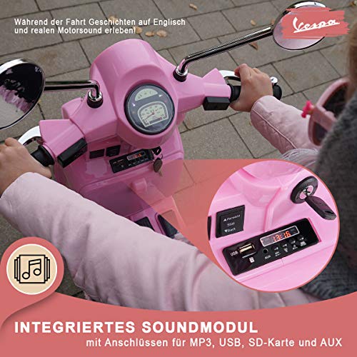 CARS12V Moto ELÉCTRICA para NIÑOS Vespa Licencia Oficial 12V, Asiento DE Cuero, PORTAMALETAS, 2 Motores 35 W (Rosa)