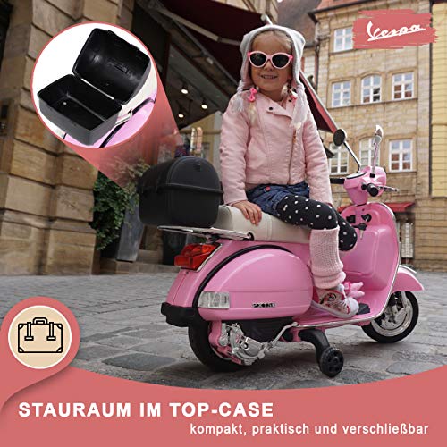 CARS12V Moto ELÉCTRICA para NIÑOS Vespa Licencia Oficial 12V, Asiento DE Cuero, PORTAMALETAS, 2 Motores 35 W (Rosa)