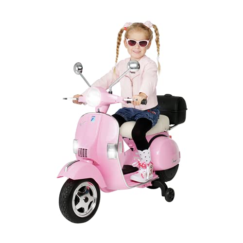 CARS12V Moto ELÉCTRICA para NIÑOS Vespa Licencia Oficial 12V, Asiento DE Cuero, PORTAMALETAS, 2 Motores 35 W (Rosa)