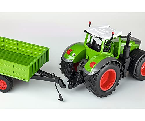 Carson- Fendt 500907314-Tractor Remolque 100% RTR, teledirigido, vehículo de construcción con Funciones de luz y Sonido, Incluye Pilas y Control Remoto, Color Verde (500907314)