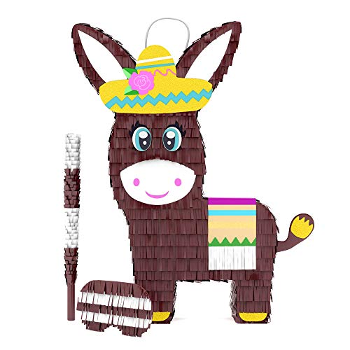 CarsonChase Paquete de piñata de Burro con una Venda para los Ojos y un murciélago Gran tamaño para Fiestas de cumpleaños, Puede Contener hasta 5 Libras de Dulces (16 x 11 x 4 Pulgadas)