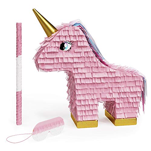 CarsonChase Paquete de piñata de Unicornio Rosa con Venda para los Ojos y murciélago, la verdadera piñata de Gran tamaño, la piñata para hasta 10 Libras de Dulces (19 x 16 x 4 Pulgadas)