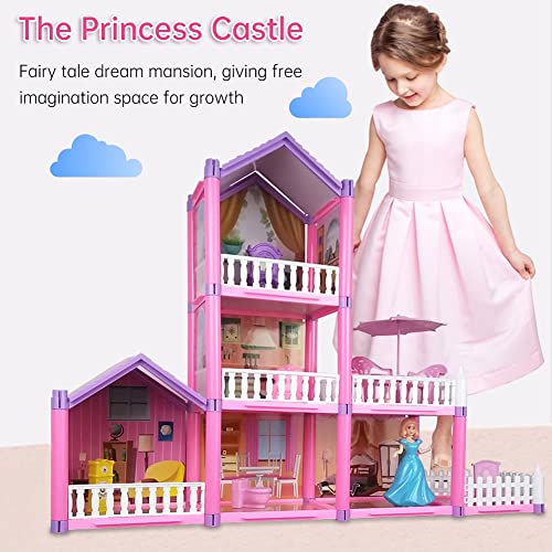 Casa de Muñecas con Muebles Mobiliario Casita Muñeca Jueguetes para Niñas, Casa para muñecas de Juguete de 3 Plantas, Regalo para Niños (162pcs)