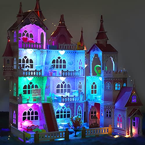 Casa de Muñecas Villa Enorme con Luces LED,Casa de Ensueño de 4 Pisos,84cm*75cm*59cm con 10 Habitaciones y 48 Piezas de Muebles y Accesorios para Muñecas,Juguete de Casa de Muñecas para Niñas