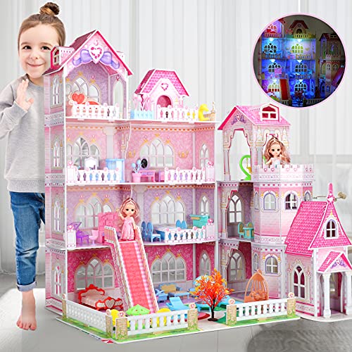 Casa de Muñecas Villa Enorme con Luces LED,Casa de Ensueño de 4 Pisos,84cm*75cm*59cm con 10 Habitaciones y 48 Piezas de Muebles y Accesorios para Muñecas,Juguete de Casa de Muñecas para Niñas