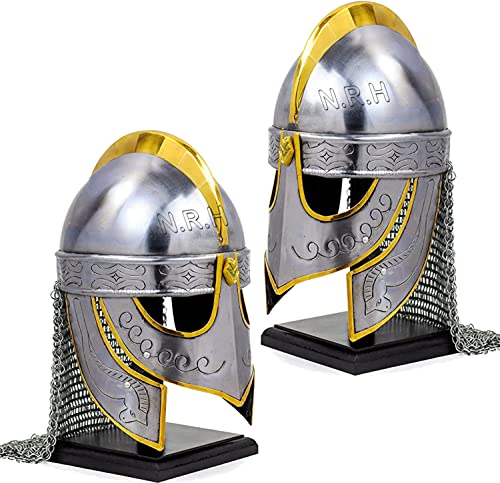 Casco de armadura de lobo vikingo acabado plateado | Cascos de caballero de metal medieval | Usables para adultos | Trajes medievales de correo con soporte de madera