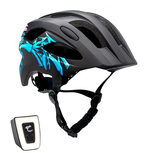 Casco de bicicleta para niños ajustable de tamaño infantil a juvenil | Tamaño 54-58 | Precioso casco de bicicleta para niños y niñas | Luz LED incorporada recargable | Homologado por la CE