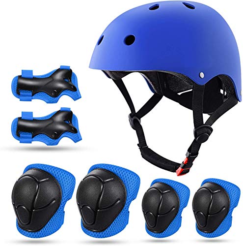 Casco de bicicleta para niños, casco clásico con rodilleras y coderas para multideporte, scooter, patinete, conducción, patinete, patinete, patinete, 3-13 años (azul)