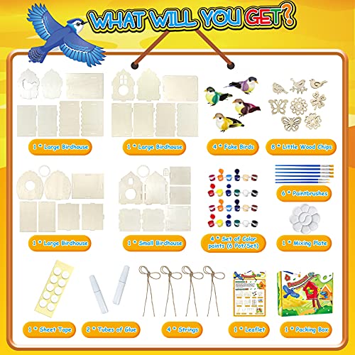 Casitas de Pajaros Kits, 4 Piezas DIY Casa Pajaros, Manualidades para niños Artes y Manualidades de Madera para de 5 a 12 años, Casa de pájaros para Pintar de Bricolaje Creativo Regalo para Niños