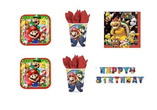 CdC - Kit n° 30 para fiesta de cumpleaños con imágenes de Super Mario Bros y Luigi. Incluye 16 platos, 16 vasos, 20 servilletas y 1 guirnalda