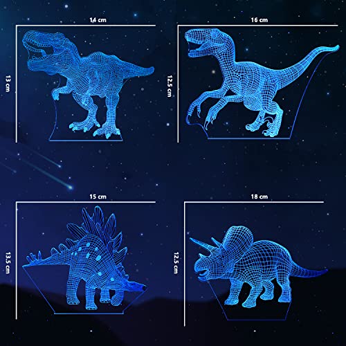 CENOVE 3D Dinosaurio Luz de noche, 4 Paquete Lámpara de Noche LED con Cambio de 16 Colores y 4 Modos, Regalo para niños mayores de 4 5 6