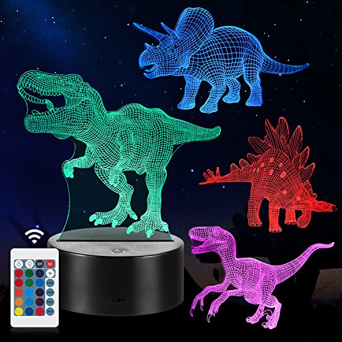 CENOVE 3D Dinosaurio Luz de noche, 4 Paquete Lámpara de Noche LED con Cambio de 16 Colores y 4 Modos, Regalo para niños mayores de 4 5 6