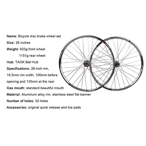 CHICTI Ciclismo Wheels Montaña 26 Pulgadas,Rueda Freno de Disco 32 Hoyos Llanta de Aleación de Aluminio Radios Planos Acero Inoxidable Deportes