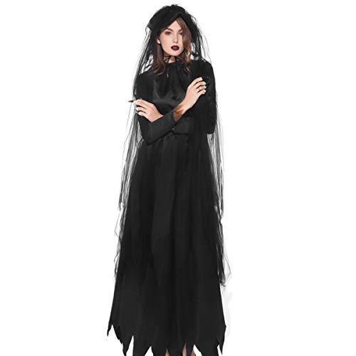 Chollius Vestido de mujer Cospaly Halloween Disfraz Cospaly Carnaval Novia Fantasma Capa Transparente + Vestido Vampiro + Sombrero Negro Vestido Zombie Mujer M-XL, Negro , M