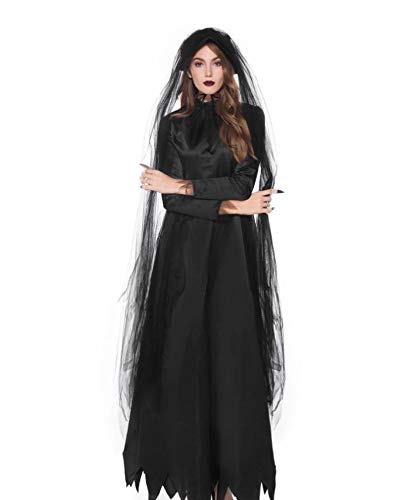 Chollius Vestido de mujer Cospaly Halloween Disfraz Cospaly Carnaval Novia Fantasma Capa Transparente + Vestido Vampiro + Sombrero Negro Vestido Zombie Mujer M-XL, Negro , M