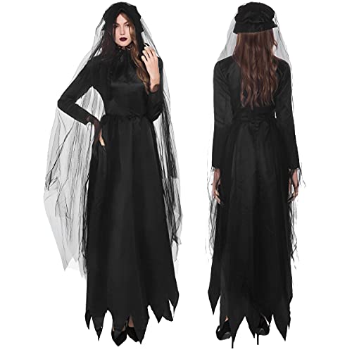 Chollius Vestido de mujer Cospaly Halloween Disfraz Cospaly Carnaval Novia Fantasma Capa Transparente + Vestido Vampiro + Sombrero Negro Vestido Zombie Mujer M-XL, Negro , M