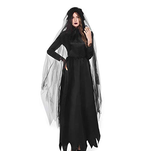 Chollius Vestido de mujer Cospaly Halloween Disfraz Cospaly Carnaval Novia Fantasma Capa Transparente + Vestido Vampiro + Sombrero Negro Vestido Zombie Mujer M-XL, Negro , M