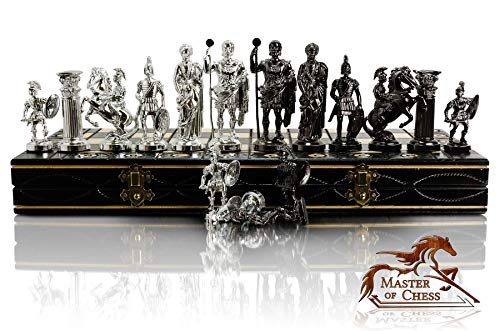 CHROME SPARTAN Chess Set 16" Wooden Chess Board with Ornaments and Weighted Chrome Plastic Pieces (Spartan Silver)