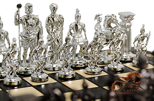 CHROME SPARTAN Chess Set 16" Wooden Chess Board with Ornaments and Weighted Chrome Plastic Pieces (Spartan Silver)