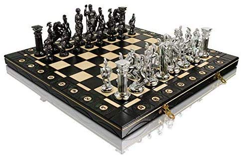 CHROME SPARTAN Chess Set 16" Wooden Chess Board with Ornaments and Weighted Chrome Plastic Pieces (Spartan Silver)