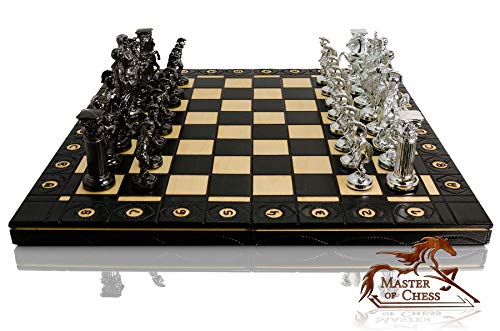 CHROME SPARTAN Chess Set 16" Wooden Chess Board with Ornaments and Weighted Chrome Plastic Pieces (Spartan Silver)