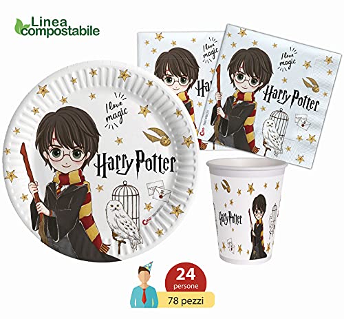 Ciao- Kit Mesa Fiesta Party Harry Potter de papel compostable FSC para 24 personas (78 piezas: 24 platos Ø23cm, 24 vasos, 30 servilletas), Y6167