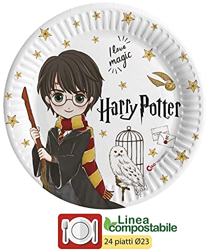 Ciao- Kit Mesa Fiesta Party Harry Potter de papel compostable FSC para 24 personas (78 piezas: 24 platos Ø23cm, 24 vasos, 30 servilletas), Y6167