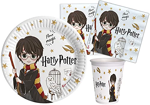 Ciao- Kit Mesa Fiesta Party Harry Potter de papel compostable FSC para 24 personas (78 piezas: 24 platos Ø23cm, 24 vasos, 30 servilletas), Y6167