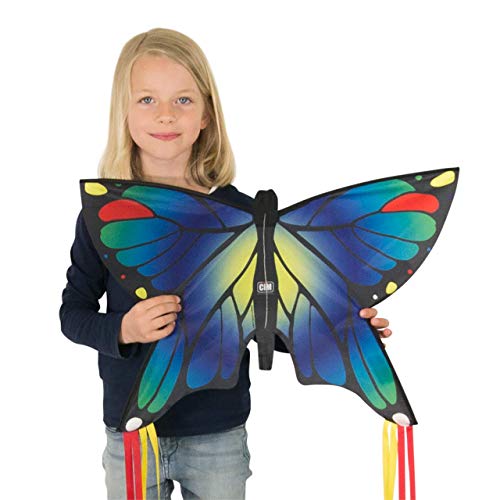 CIM Cometa de Mariposa - BUTTERFLY BLUE - Cometa de una sola línea para niños mayores de 3 años - 58 x 40 cm - incl. 20 m hilo de cometa - con tiras de 195 cm en la cola de arco