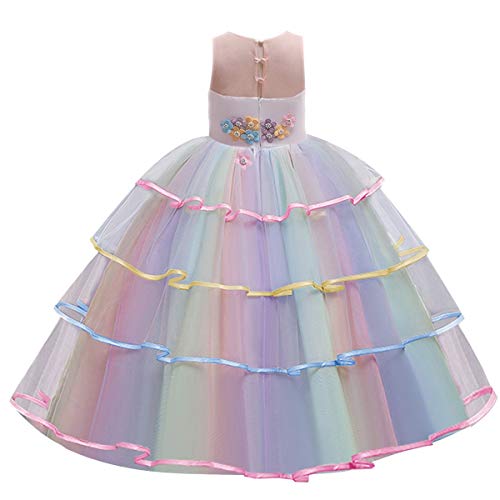 CinheyU Niñas Disfraz de Carnaval Sin Mangas Vestido de Unicornio Princesa Cumpleaños Boda Fiesta de Cosplay para Chicas Navidad Bautizo Comunión Flor Vestidos de Baile con Diadema Arcoiris 4-5