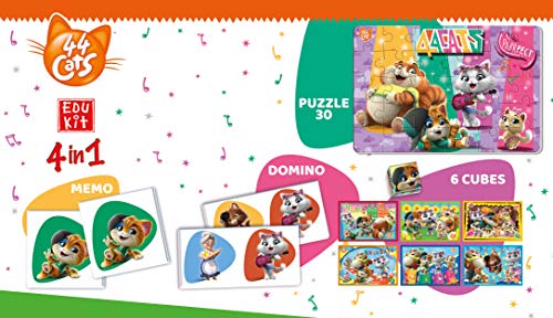 Clementoni-18047 - Edukit 4 en 1 - 44 Gatos - juego educativo con memo, puzzle, cubos con dibujos y dominó a partir de 3 años