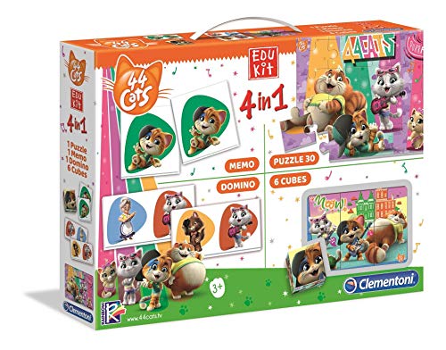 Clementoni-18047 - Edukit 4 en 1 - 44 Gatos - juego educativo con memo, puzzle, cubos con dibujos y dominó a partir de 3 años