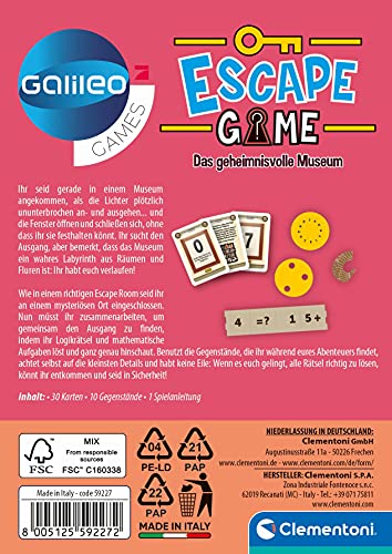 Clementoni 59227 Escape Game – El Misterioso Museo, emocionante Juego de Sociedad para Romper y enigerar, Incluye Tarjetas de Advertencia y Accesorios, Juego Familiar a Partir de 8 años