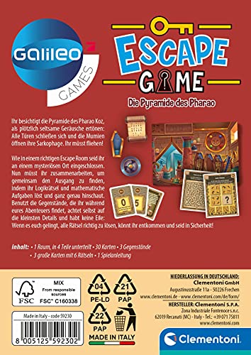 Clementoni 59230 Escape Game – La pirámide del farao, emocionante Juego de Sociedad para Romper y enigerar, Incluye Tarjetas de Advertencia y Accesorios, Juego Familiar a Partir de 8 años