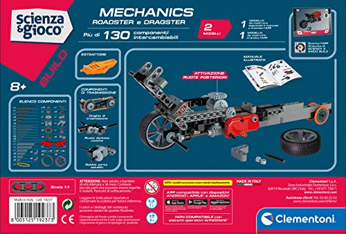 Clementoni- Ciencia Build – Roadster y Dragster, construcción, Laboratorio mecánico, Juego científico para niños de 8 años +, Fabricado en Italia, Multicolor (19237)