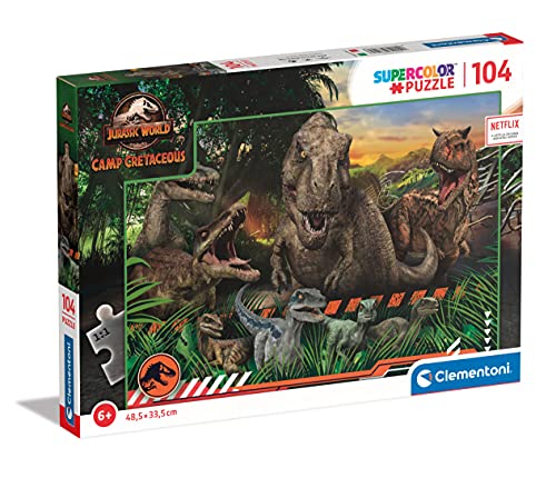 Clementoni Supercolor Jurassic World Camp Cretaceous, Series Netflix 104 Piezas-Made in Italy, niños 6 años, Puzzle Carton, Multicolor (27545)