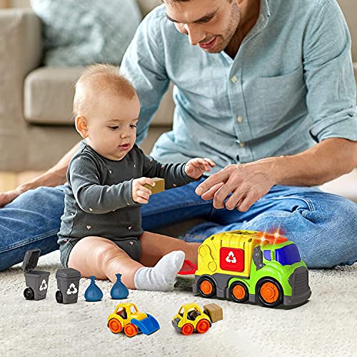 Coches de juguete para niños y niñas de 1, 2, 3 y 4 años, con 2 cubos de basura, carretilla elevadora pequeña bulldozer, camión de basura con sonido y luz, vehículos de juguete para niños