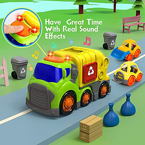 Coches de juguete para niños y niñas de 1, 2, 3 y 4 años, con 2 cubos de basura, carretilla elevadora pequeña bulldozer, camión de basura con sonido y luz, vehículos de juguete para niños