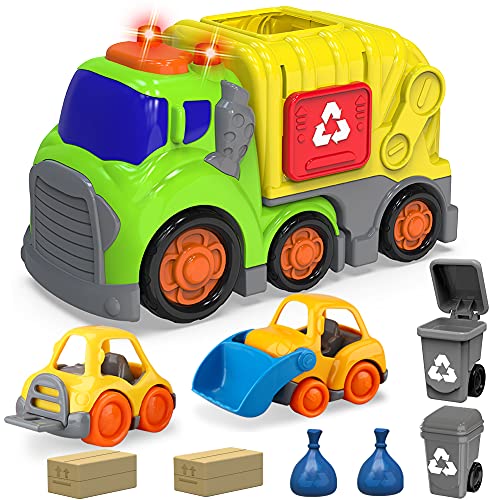 Coches de juguete para niños y niñas de 1, 2, 3 y 4 años, con 2 cubos de basura, carretilla elevadora pequeña bulldozer, camión de basura con sonido y luz, vehículos de juguete para niños