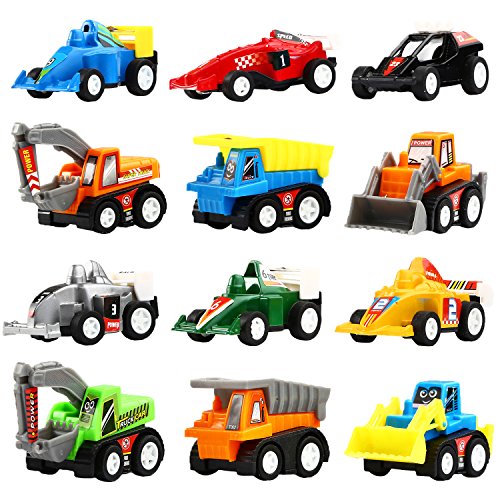 Coches Por Fricción, Pack de 12 Vehículos de Juguete Surtidos con 6 Camiones de Construcción y 6 Coches de Carreras, Mini Vehículos Camiones y Cochecitos de Juguete Yeonha Para Niños Pequeños