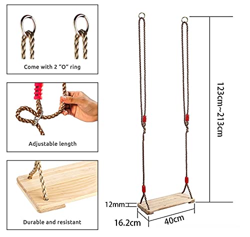 Columpio de Madera, Madera Asiento de Swing, con Cuerda de cáñamo Ajustable, Columpio de árbol para Adultos y Niños, Columpio Infantil al Aire Libre (2)