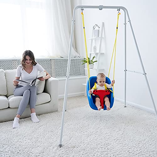 Columpio para bebés con barra rojo y cuerda amarilla, columpio para bebés al aire libre y interior, asiento de swing de niños con 2 correas colgantes, niños pequeños para niños para niños, asiento de