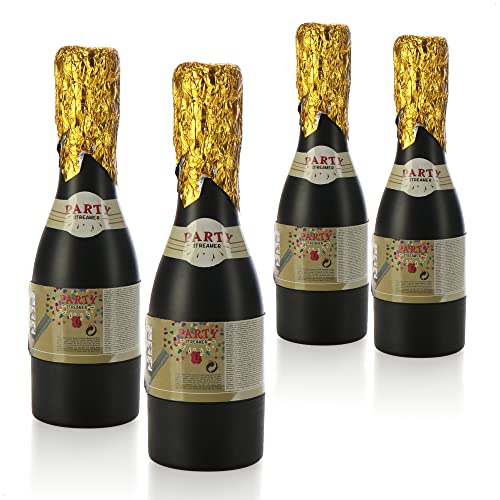 com-four® 4X Shooter Party Popper Champagne, cañón de Confeti para la víspera de Año Nuevo, Fiestas, cumpleaños, Bomba de Confeti como Botella de champán (4 Piezas - Botella de Champagne)